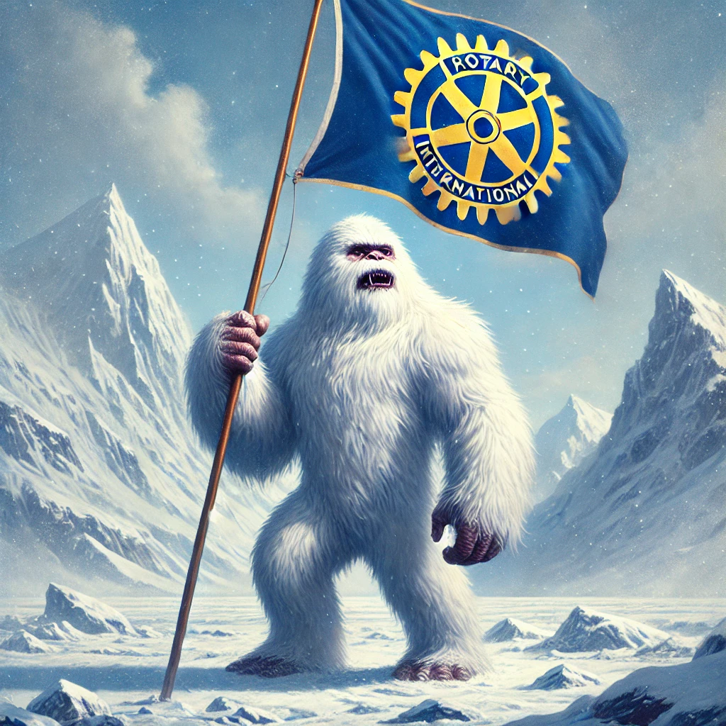 DALL·E 2024-09-03 16.34.20 - A majestic Yeti standing in an icy, snowy landscape, proudly holding a Rotary International flag. The Yeti has thick, white fur and a strong, imposing